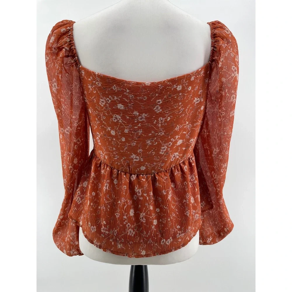 ASTR Floral Babydoll Top Womens Medium Burnt Orange Puff Sleeve Y2K Boho Cottage